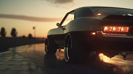 Fototapeta premium Classic muscle car cruising on a highway at sunset, embodying freedom and the spirit of the open road.