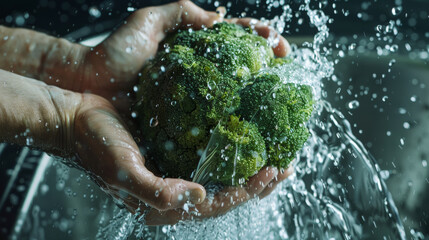 Fototapeta premium Fresh broccoli being washed under a splash of water, highlighting its vibrant texture.