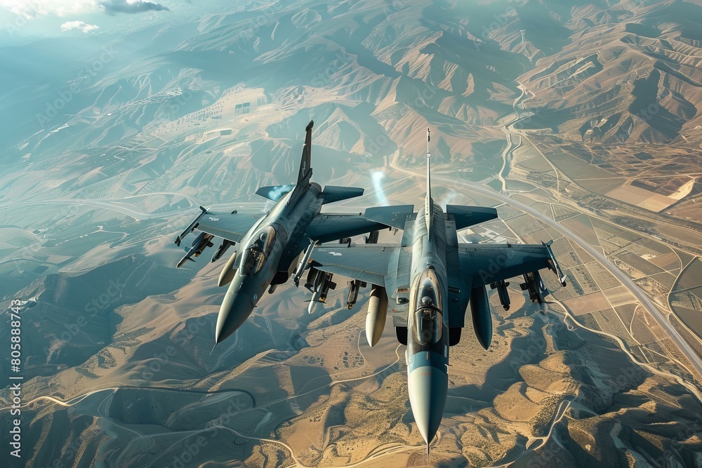 Wall mural Pair of military jets engaging in dissimilar air combat training mission with rockets and bombs - Wall murals