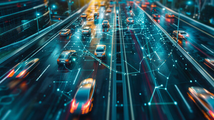 Futuristic cityscape with bustling traffic and digital overlays.