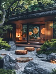 Back garden with outdoor furniture of a futuristic Ancient japanese style villa exterior minimalist