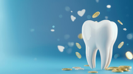A conceptual image of falling coins and a shiny white tooth, suggesting dental costs.