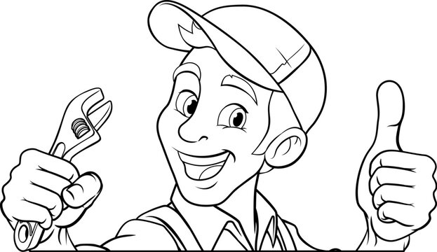 A handyman, mechanic, plumber or other construction cartoon mascot man holding a wrench or spanner tool.