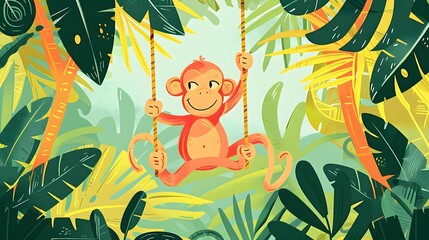 Cheerful monkey swinging in a lush jungle