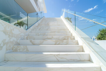Fototapeta premium From the base, looking up a luxurious staircase with marble steps and glass railings.