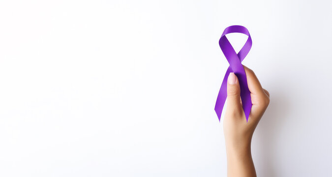 hand hold purple awareness ribbon,Cancer.