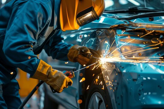 Professional car body welding service on white background, modern repair after a car accident