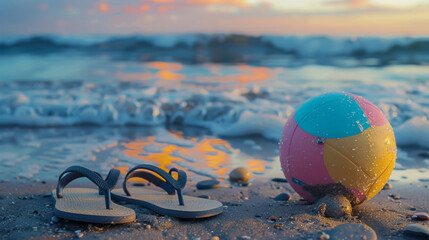 Obraz premium Close-up of a pair of flip-flops and a beach ball on the shore, gentle waves in the background, sunset colors reflecting on water