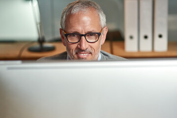 Mature man, computer and portrait in office, CEO planning and check email at desk for project....