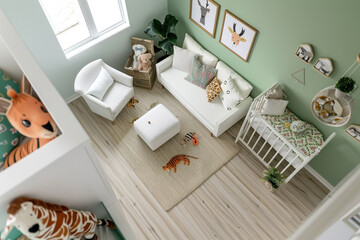 Overhead perspective of a nursery room with light green walls, white accents, and animal print decor.