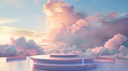 Natural beauty podium backdrop for product display with dreamy sky background, Romantic 3d scene, Minimalistic background with white round podium, stage and clouds
