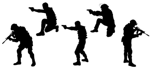 Silhouette collection of soldier of police special force in action pose carrying hand gun or machine gun weapon