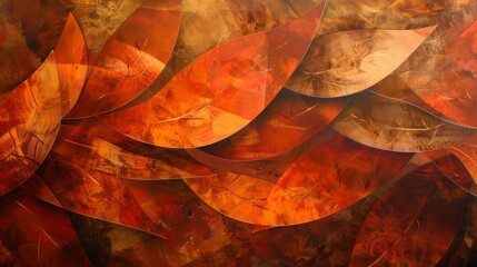 Broad, curving strokes in shades of orange and copper that form an abstract representation of autumn leaves