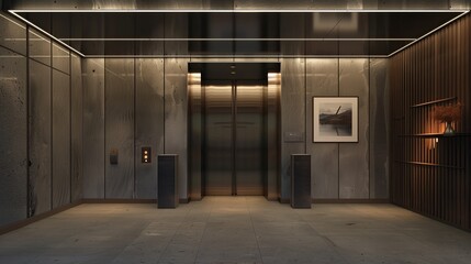 Sleek entrance with a door that displays a virtual art gallery tour