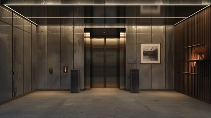 Obraz premium Sleek entrance with a door that displays a virtual art gallery tour