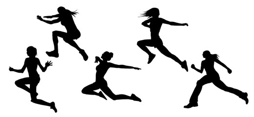Silhouette collection of slim sporty female jumping. Silhouette collection of woman jumping pose.
