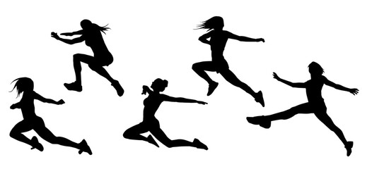 Silhouette collection of slim sporty female jumping. Silhouette collection of woman jumping pose.