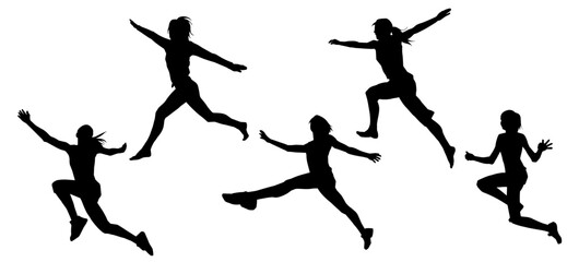 Silhouette collection of slim sporty female jumping. Silhouette collection of woman jumping pose.