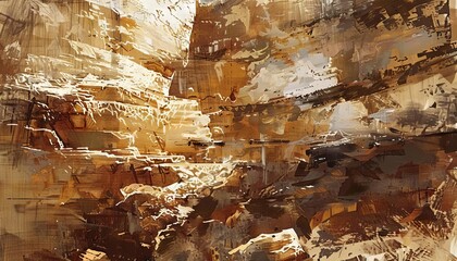 Broad strokes in earth tones, such as ochre and sienna, layered to represent rugged natural landscapes