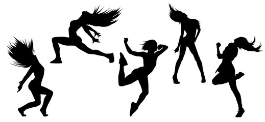 Silhouette collection of female dancer in action pose. Silhouette of slim energetic woman performing dance move.