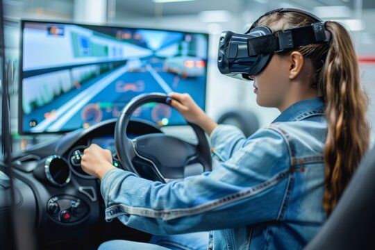 Young woman taking driving school exam in virtual reality simulator with steering wheel in class