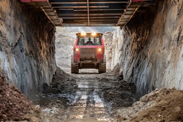 Construction Vehicle Operating in a Muddy Underground Tunnel