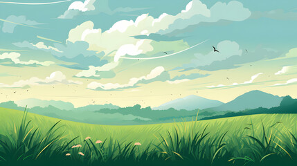 illustration of a landscape with sky, grass nature background,Generative Ai