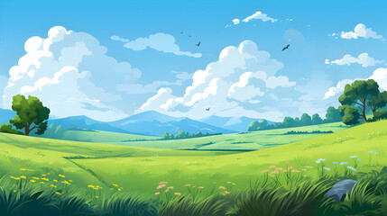 Fototapeta premium illustration of a landscape with sky, grass nature background,Generative Ai