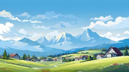 mountains,sky and village houses illustration of a landscape with background,Generative Ai