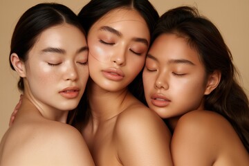 Portrait of three serene Asian women with natural beauty