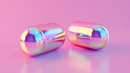 Two shimmering tablets resting on a soft pink surface, illustrating the concept of enchanted medication.