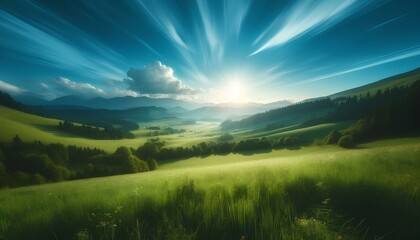 Obraz premium Radiant sunbeams illuminate a verdant valley, framed by rolling hills and a dynamic sky, captured with a wide-angle lens that emphasizes the vast, peaceful landscape.
