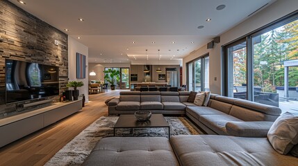 Interior design, a spacious living room with modern aesthetics featuring
