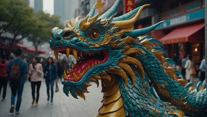 Fototapeta premium A green and gold dragon puppet with glowing