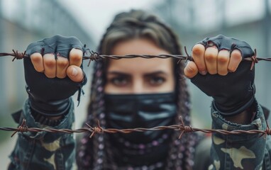 The masked woman bravely resists tyranny by grabbing the sharp barbed wire, symbolizing her defiance against oppression. - Powered by Adobe