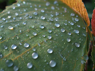 Macro photography of dewdrops on a Leaf, with morning sunlight creating rainbows Ai Generator