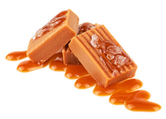 Salted caramel pieces with caramel sauce isolated on a white background. Toffee candies with sea...