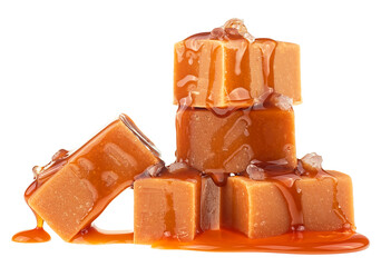 Salty caramel candy in milk caramel sauce with sea salt crystals isolated on a white background.
