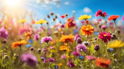 Colorful flower meadow with sunbeams and blue sky and bokeh lights in summer - nature background banner with copy space - summer greeting card wildflowers spring conceptNatural Background, field Blue 