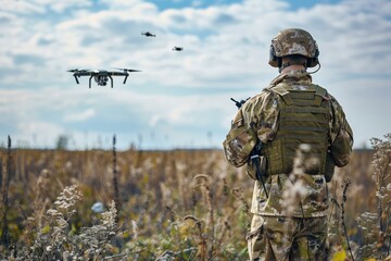 Military Soldier Operating Drones in Open Field