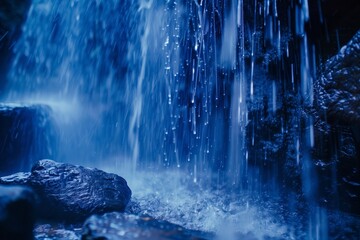 Blue Waterfall Splashing Over Dark Wet Rocks - Powered by Adobe