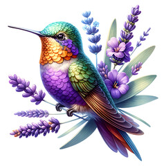 Hummingbird with Flowers Clipart, Colourful bird with flowers