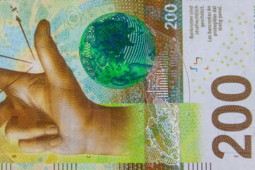 Macro shot of two hundred swiss francs banknote
