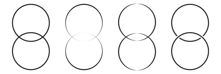 Simple overlapping circles vector drawing, version with three to seven objects, also interlocked rounds style. Vector illustration. Isolated on white background. EPS 10