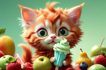 Cute cute kitten with cool tasty ice cream, isolated on light green background