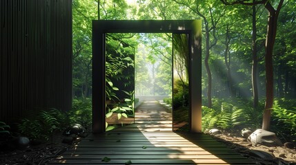 Sleek entrance with a door that displays a virtual journey through a forest