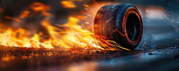 Burning car tires light up the dark road of the racetrack. Automotive photo editing concept