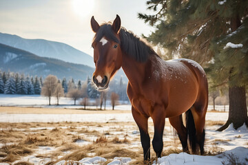 horse standing on snow covered meadow