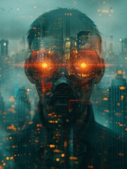 A man wearing suit with glitchy, distorted visual effects and double exposure