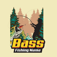Vector Illustration of Fisherman Catching Bass Fish with Nature view with Vintage Illustration Available for Tshirt Design